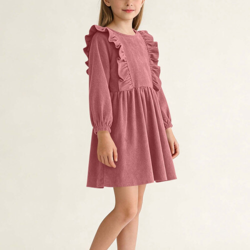 Mädchenkleid, einfarbig, langärmelig, Rundhalsausschnitt, Freizeitkleid 2
