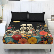 Juego de sábanas Queen con estampado floral oscuro y diseño retro de esqueleto