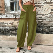 Casual Pants Womens Solid Color Casual Pants Trousers Elastic Waist Pockets Wide Leg Trousers (White,XL)