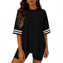 Women's Casual Shorts Set - Round Neck Top & Elastic Waist