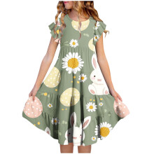 Girls Easter Dress Short Sleeve Round Neck with Print Waist