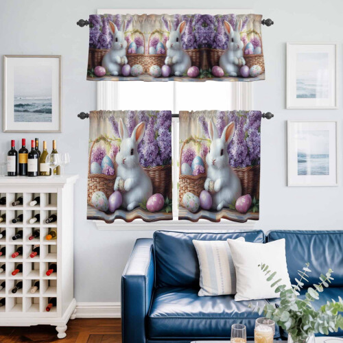 Easter Bunny Eggs Kitchen Curtains Set Purple Flowers 1
