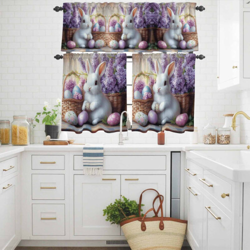Easter Bunny Eggs Kitchen Curtains Set Purple Flowers 2