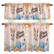 Happy Easter Kitchen Curtains & Valances Set – Bunny, Blue Egg, Orange Flowers, Rod Pocket, 27.5x24in, Compatible with Standard Rods