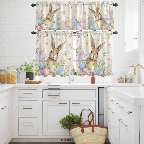 Easter Rabbit Kitchen Curtains and Valances Set Beige 2