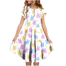 Robe de Pâques pour fille, manches courtes, col rond et taille imprimée