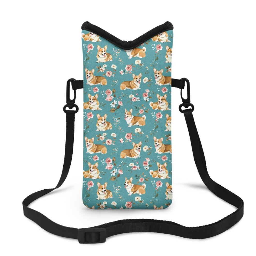 Universal Neoprene Phone Pouch, 4X8", Corgi Flower Design, Large Top Opening, Adjustable Crossbody Strap & Hook Loop Fastener 9422877986422