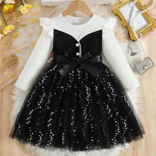 Girls Long Sleeve Dress with Bow and Sheer Mesh Waist Tie Fashion Solid Color