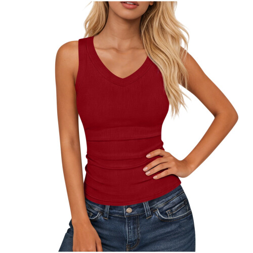 Women's Ribbed Knit Tank Top V-Neck Sleeveless Solid Color 1