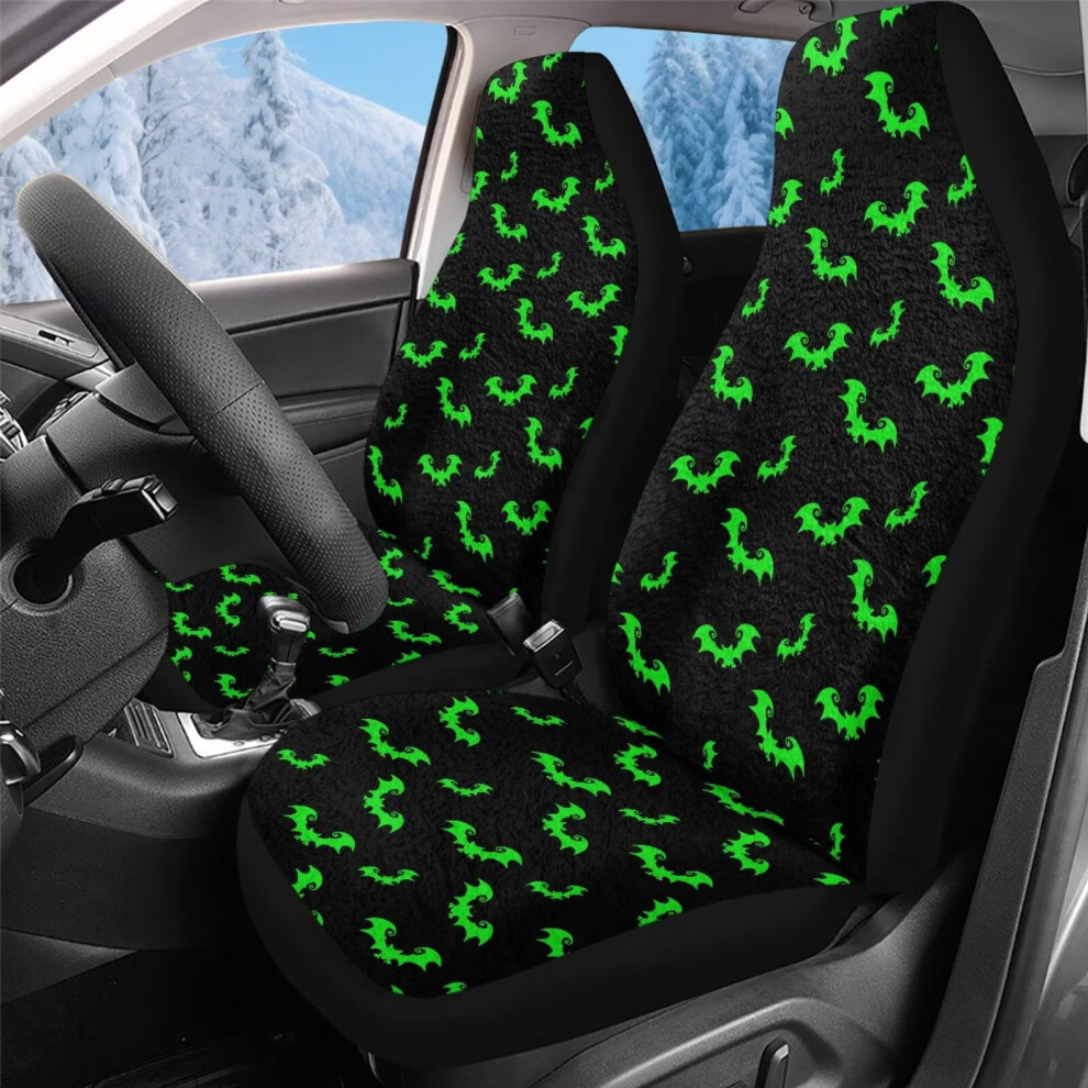 Bat Print Front Seat Covers Fleece 2 Pcs Green/Coral 9180435757050