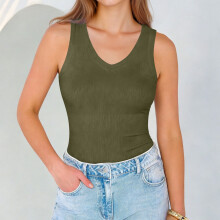 Women's Ribbed Knit Tank Top V-Neck Sleeveless Solid Color