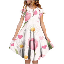 Girls Floral Print Dress Flutter Sleeve Round Neck Waist Tie Pocket Tiered Casual Summer Style