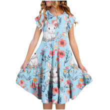 Mädchen Osterkleid Kurzarm Rundhals Bedruckt Stufenkleid
