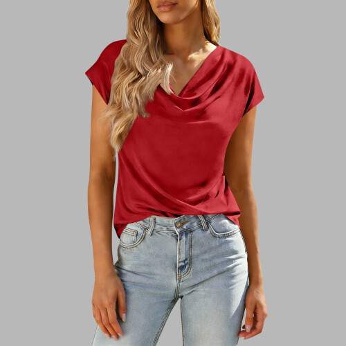 Top da donna a maniche corte con scollo a V, leggero, elasticizzato e casual. 1
