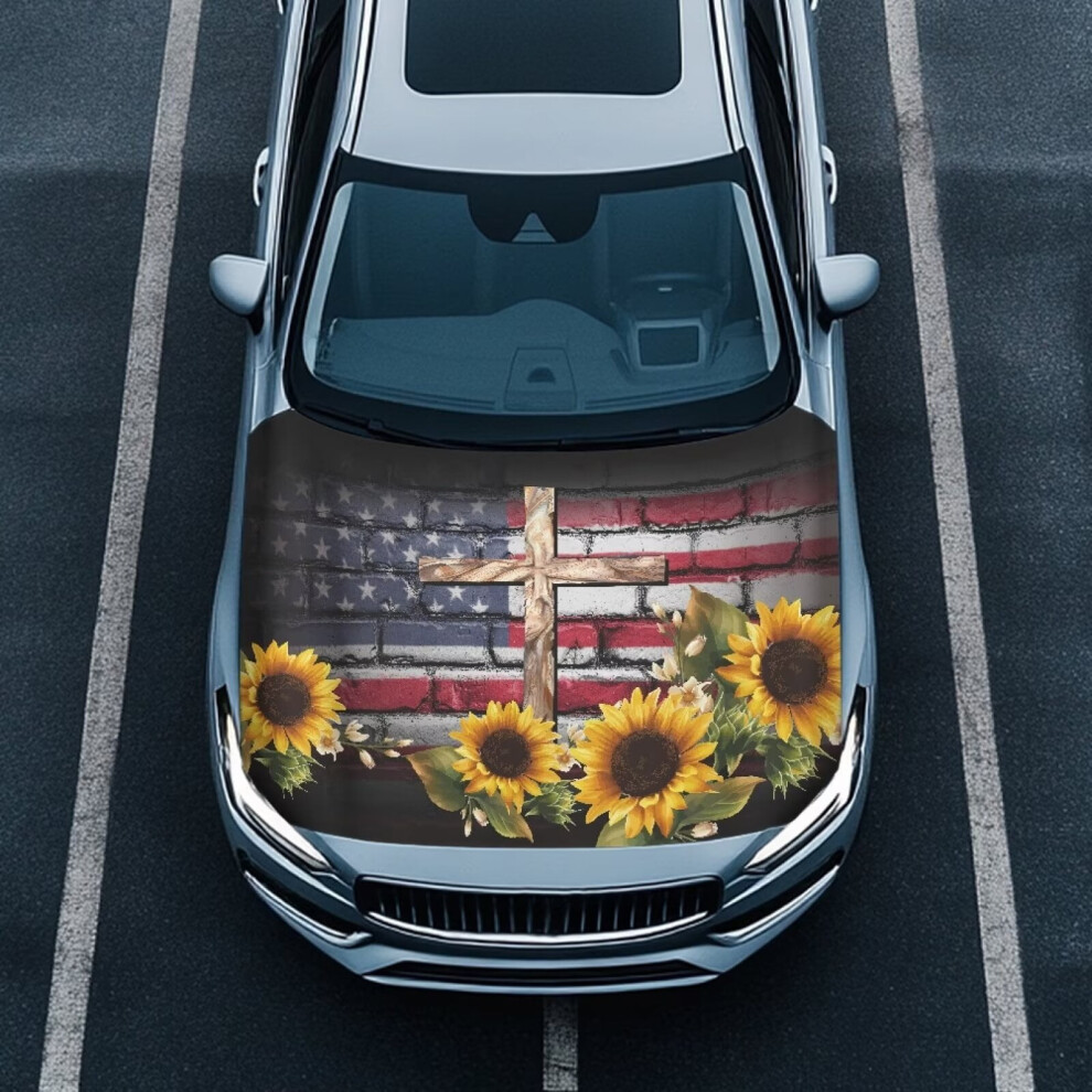 American Flag Sunflower Cross Hood Cover, Universal Fit, Compatible With Most Cars, Trucks, Suvs & Pickups 9399596717531