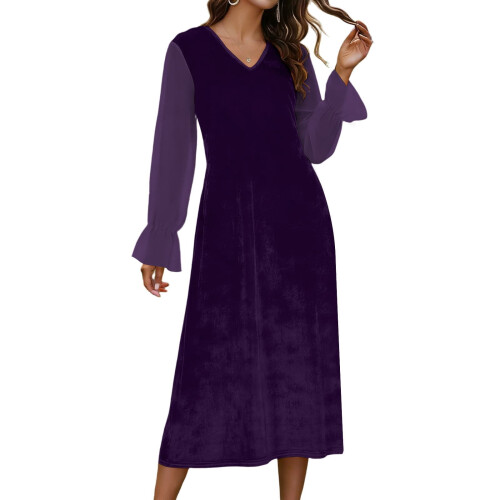 Abito da donna con scollo a V in misto chiffon e velluto. 1