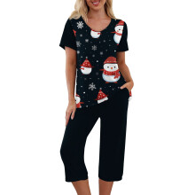 Conjunto de treino feminino de verão de duas peças: blusa de manga curta com estampa natalina e calça capri com bolsos, preta, tamanho GG.
