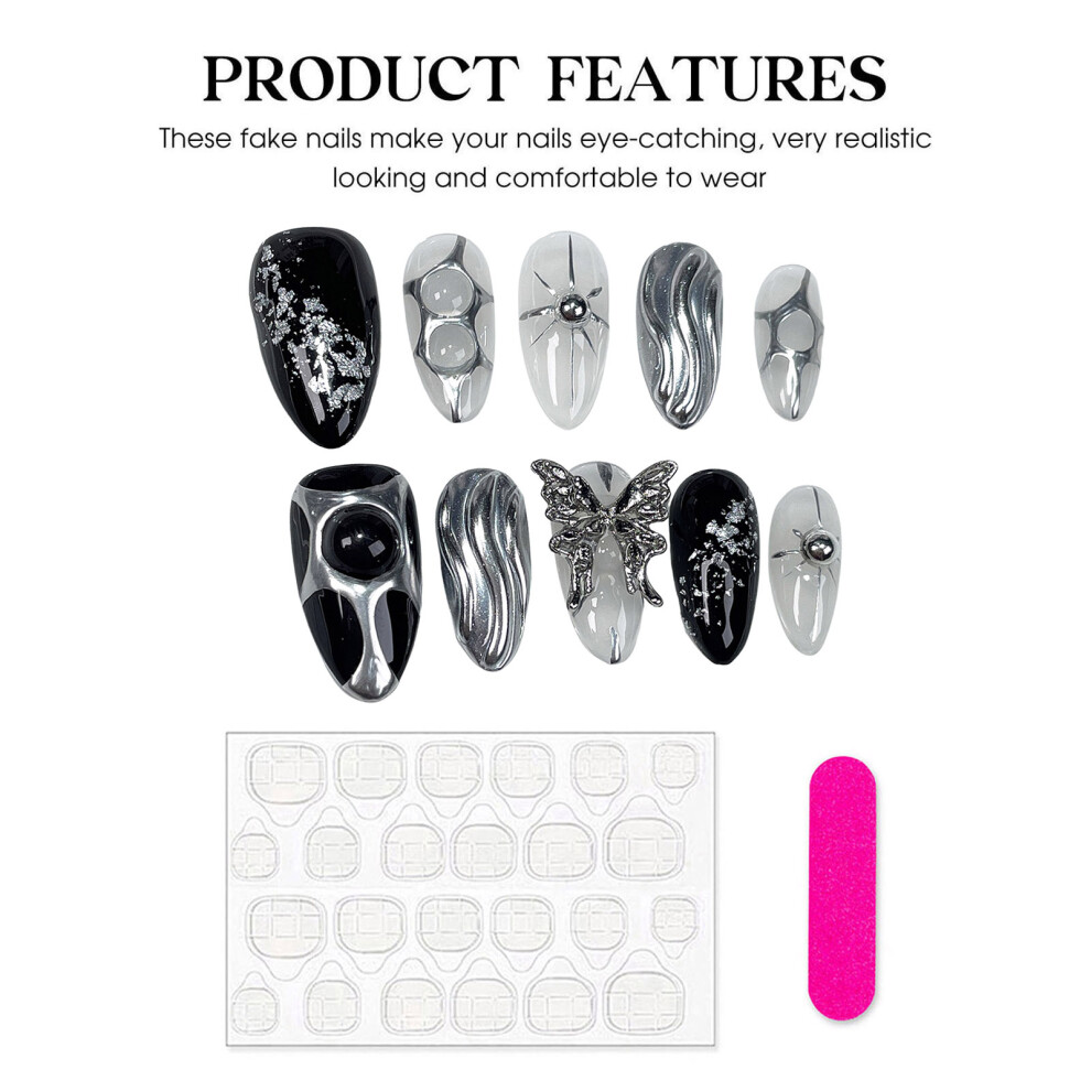 Dachuang Beauty Black,Silver (Almond) Glitter Black Silver Fake Nails, Long Lasting & Flexible