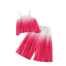 Conjunto de verano de 2 piezas para niñas: top de tirantes plisado rosa fucsia degradado y pantalones de pierna ancha, ropa de juego para niñas,