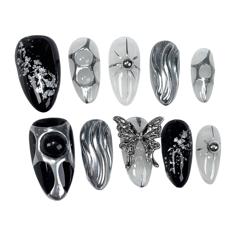 Dachuang Beauty Black,Silver (Almond) Glitter Black Silver Fake Nails, Long Lasting & Flexible