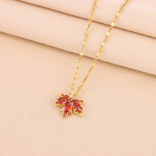 Romantic Red Maple Leaf Pendant Necklace Titanium Steel 2