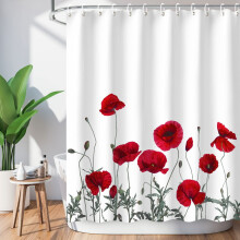 Roter Duschvorhang mit Blumenmuster, 183 x 183 cm, maschinenwaschbar