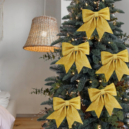 Christmas Tree Bows Yellow Sequined Bowknot Ornaments 6 Pack