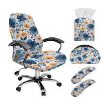 5-Pc Office Decor Set: Chair Cover w/ Armrest Slipcover, Remote Holder & Tissue Box Organizer – Flower Blue/Orange Print, L
