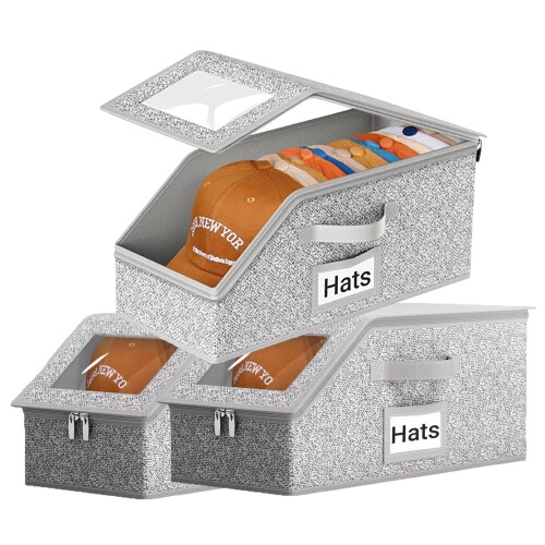 Stackable Hat Storage Boxes for Baseball Caps, 24-Cap Organizer with Clear Window & Cardboard for Closet