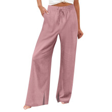 Women's Cotton-Linen Wide Leg Pants Pink L