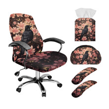 5-Pc Office Chair Cover Set w/ Stretch Slipcover, Armrest Covers, PU Leather Remote Holder & Tissue Organizer – Raven Butterfly Flower Print, L