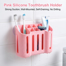 (Pink) Wall-Mounted Silicone Toothbrush Holder with Suction Cup