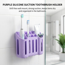 (Purple) Wall-Mounted Silicone Toothbrush Holder with Suction Cup