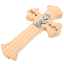 Light Yellow Wooden Wall Cross Decorative Craft with Prayerful Design for Home