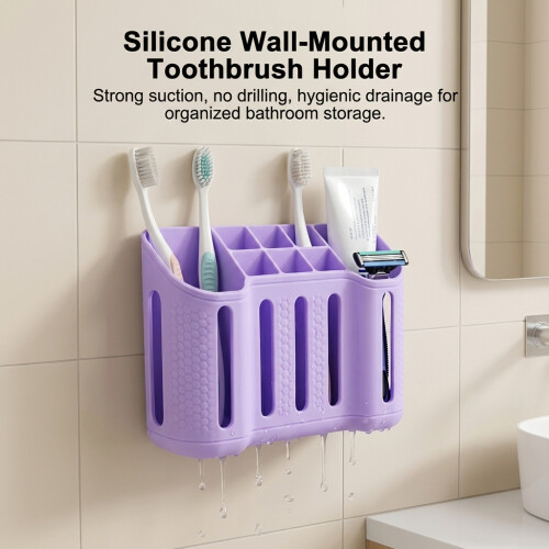(Purple) Wall-Mounted Silicone Toothbrush Holder with Suction Cup 1