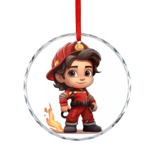 Cartoon Firefighter Glass Ornament Round 1 Pack