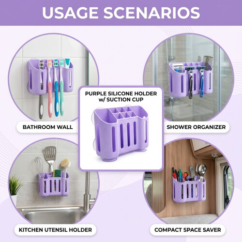 (Purple) Wall-Mounted Silicone Toothbrush Holder with Suction Cup 2