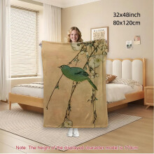 Flannel Blanket | Beige Green Bird Pattern, Soft & Warm, Lightweight, All Season, Suitable for Couch & Bed, Multipurpose Use, Vintage Style