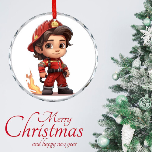Cartoon Firefighter Glass Ornament Round 1 Pack 2