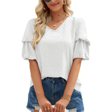 Sommerliche Oberteile für Damen, V-Ausschnitt, Rüschenärmel, elegante und lässige fließende Blusen aus Chiffon, Schweizer Punktmuster,