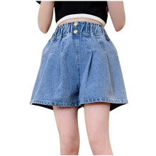 Girls Denim Shorts Elastic Waist Solid Color Jeans Shorts Wide Leg Knee Length Shorts for Kids Summer Sport Shorts with Pockets Light Blue 5-6 Years