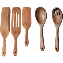 Natuurlijke teakhouten kookgerei set van 5 – Antiaanbaklaag, duurzaam, comfortabele grip, voor roeren, scheppen en filteren