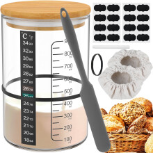 900ml Glass Sourdough Starter Jar Kit with Wood Lid, Thermometer Strip, Labels, Spatula, 2 Cloth Covers – Compatible with Bread Baking
