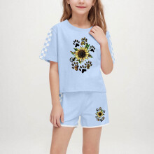 Girls' Sunflower & Checkered Sleeve Outfit Set - Summer Casual Two-Piece Shorts & Top, Soft Print Toddler Girls Outfit Setsfor Ages 5-14, Sky Blue