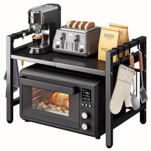 Expandable 2-Tier Microwave Stand, Carbon Steel, 55LBS, 6 Hooks – Kitchen Organizer & Bakers Rack – Compatible with Most Microwaves