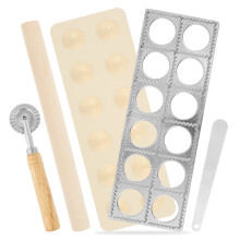 Ravioli Mold Set Multifuncational Ravioli Maker Easy to Use Dumpling Making Kit with Wood Rolling Pin Pastry Cutter Wheel and Spoon for Home Cooking