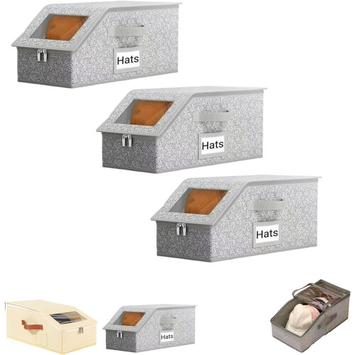 Stackable Baseball Cap Storage Boxes, Clear Lid & Dual Access, Space-Saving, Breathable & Dustproof – Holds 12–24 Hats (3PCS), Compatible with