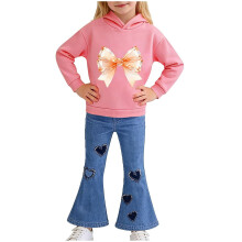 Pink Kids Girl 2 Piece Outfit Set, Cute Bow Print Hoodie & Flare Jeans, Casual Play Clothes for Girls,Size 6-7 T