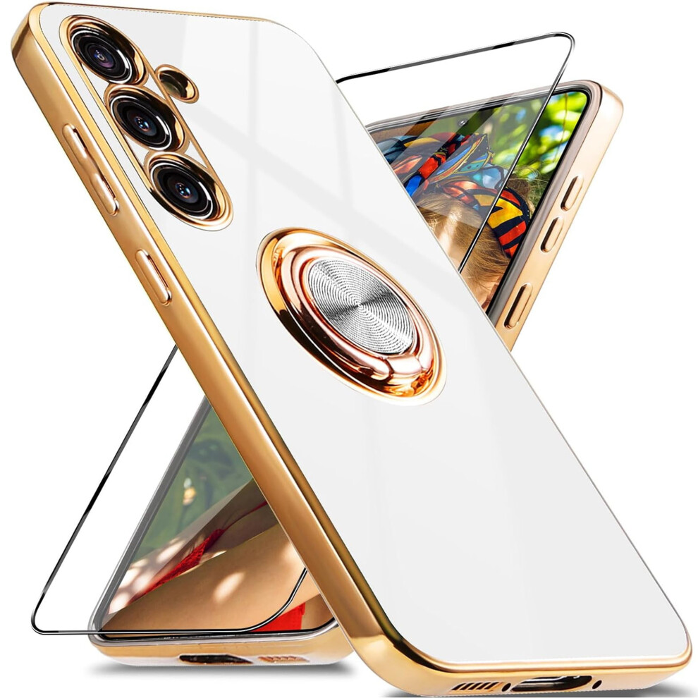 Samsung Galaxy S23 Fe Case With Screen Protector, 360 Rotating Magnetic Ring Stand, Shockproof Electroplated Cover, White 9170372307272