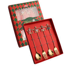 Golden 304 Stainless Steel Spoon & Fork Set with Star Pendant, Red Box – Compatible with Christmas Tableware